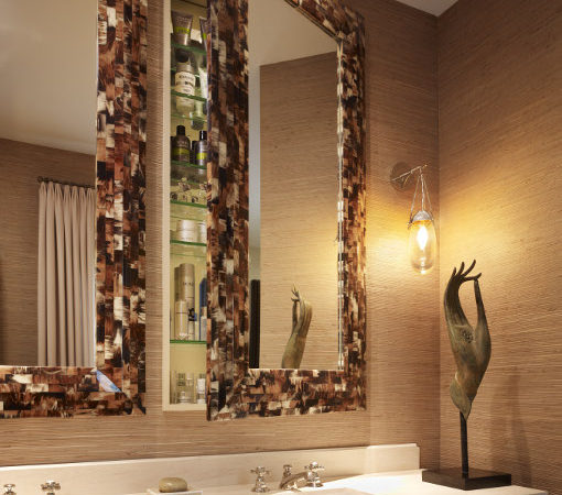 Custom Designed Bathroom With Horn Framed Swing Mirrors