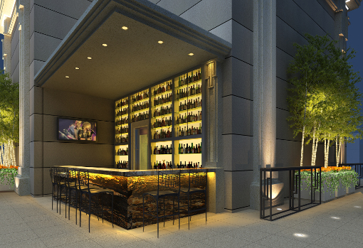 A backlit panel illuminates the display shelves of the bar - Chicago Interior Design
