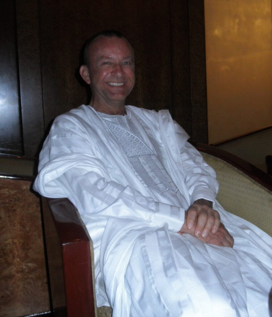 JRW wearing his agbada while on his last  visit to Nigeria before having his left leg amputated below the knee.
