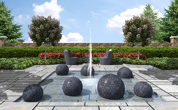 A John Robert Wiltgen Design and Chalet Landscaping Plan for an Outdoor Fountain Sculpted with Blue Pearl Granite Spheres