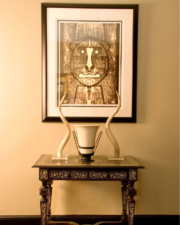 Kudu Horns, a Stylized Etruscan Vase and an Original Lithograph by Rufino Tamayo Add Interest to this Timeless 19th Century Italian Ebony and Inlaid Ivory Console